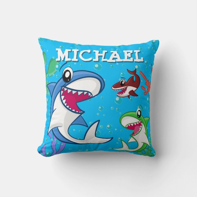 Kids Shark Cartoon Underwater Blue Sea Ocean Boys Cushion (Front)