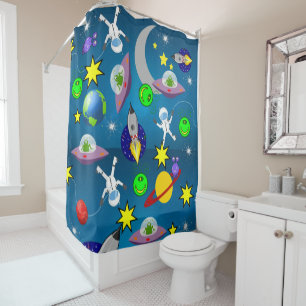 Kids Shower Curtain Astronaut Aliens Space
