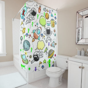 Kids Shower Curtain Astronauts Aliens Space