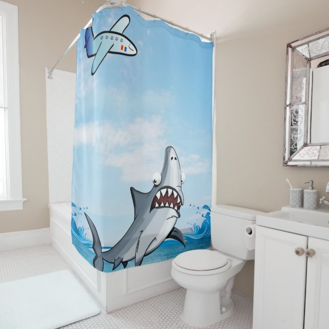 Kids Shower Curtain Blue Shark Aeroplane (In Situ)