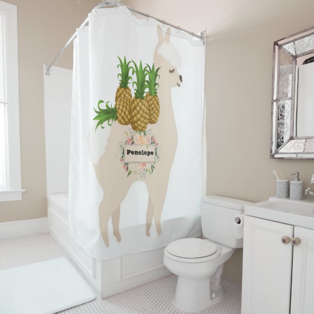 Kids Shower Curtain LLama Fruit Floral (In Situ)