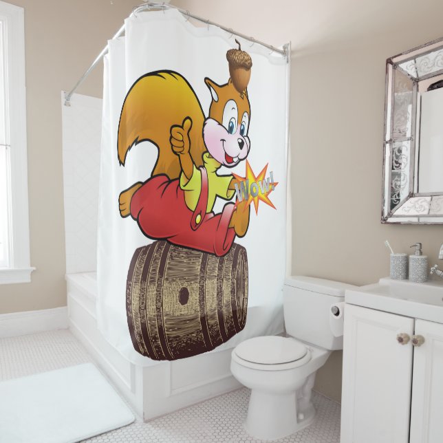 Kids Shower Curtain Squirrel Acorn Barrel (In Situ)