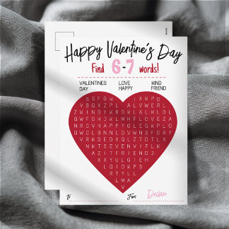 Kids Six Seven Valentine Word Search Heart Class Holiday Postcard