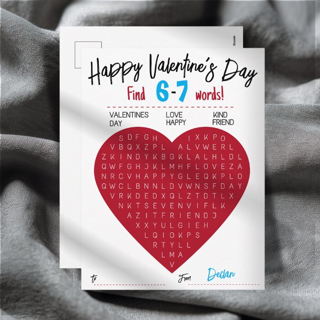 Kids Six Seven Valentine Word Search Heart Class Holiday Postcard (Trendy 6-7 Valentine Word Search • Customizable Classroom Postcard for Kids)