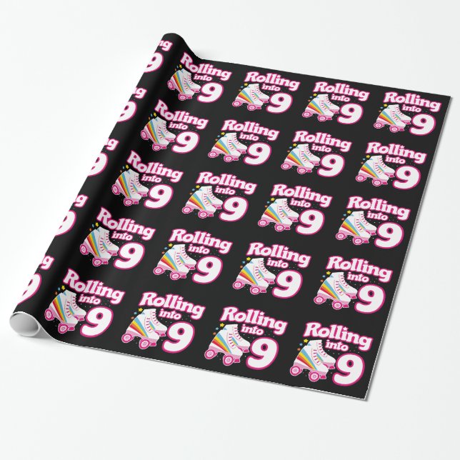 Kids Skate Party - 9th Birthday - Roller Skating Wrapping Paper (Unrolled)