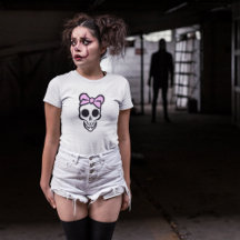 Kids Skull T-Shirt - Spooky Lady Pink Bow Design 