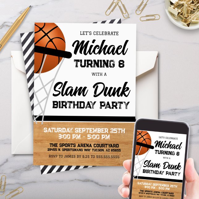 Kids Slam Dunk Basketball Birthday Party Invitation (Modern Boys Kids Slam Dunk Basteball Theme Birthday Party Invitation or watch party invites)