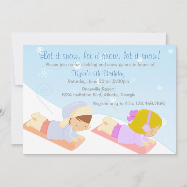 Kids Sledding and Snow Games Winter Birthday Party Invitation (Front)