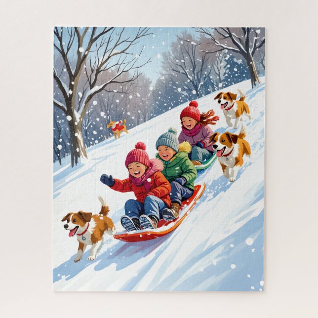 Kids Sledding with Dogs in Snowy Winter Wonderland Jigsaw Puzzle (Vertical)