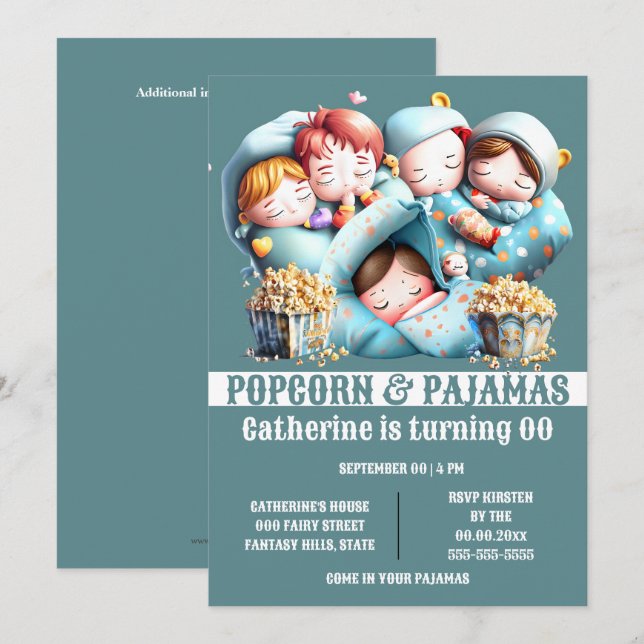 Kids sleeping bags popcorn pyjamas sleepover party invitation (Front/Back)
