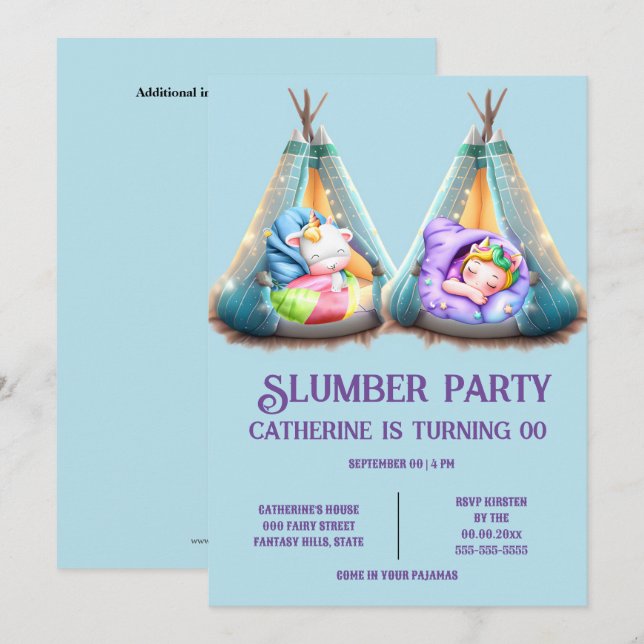 Kids slumber sleepout pajama teepee party invitation (Front/Back)