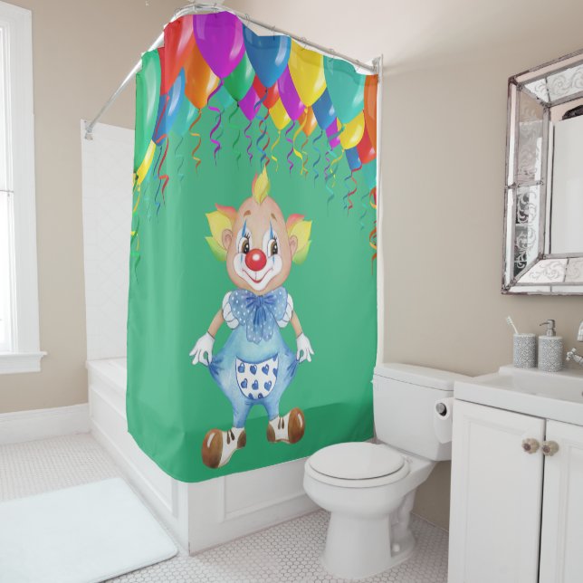 Kids Smiling Clown On Green Shower Curtain (In Situ)