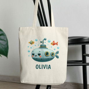 Kids Smiling Cute Submarine with Fish and Bubbles Tote Bag