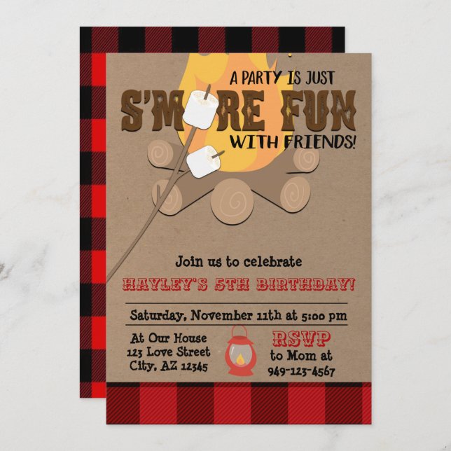 Kids S'more fun with friends camp fire plaid Invitation (Front/Back)
