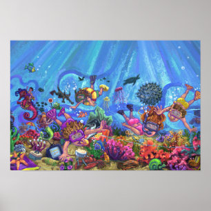 Kids Snorkelling Under the Sea Art Poster