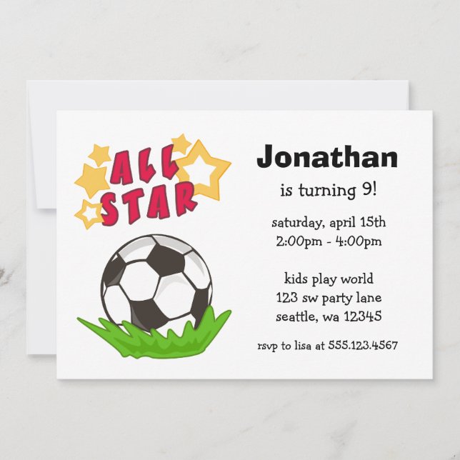 Kids Soccer All Star Birthday Party Invitations (Front)