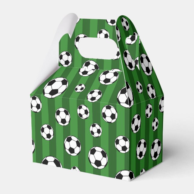 Kids Soccer Ball Pattern on Green Stripes Birthday Favour Box (Front Side)