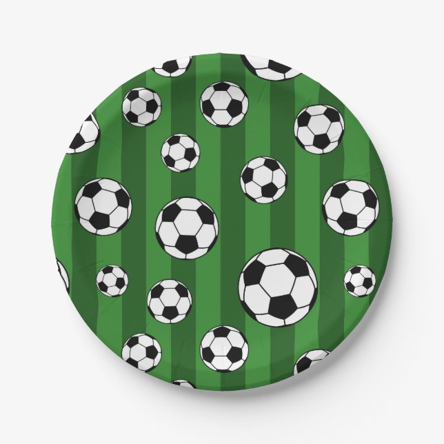 Kids Soccer Ball Pattern on Green Stripes Birthday Paper Plate (Front)