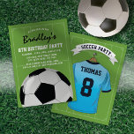 Kids Soccer Birthday Party | Pale Blue Jersey Invitation<br><div class="desc">Soccer theme birthday party invitations featuring a green football pitch background,  a pale blue sports shirt with your name and number,  a soccer ball,  and a modern party template.</div>