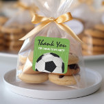 Kids Soccer Football Birthday Party Square Sticker<br><div class="desc">Soccer theme birthday favour thank you stickers featuring a green football pitch background,  a soccer ball,  and a party favour template.</div>