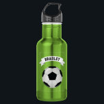 Kids Soccer Football | Personalised 532 Ml Water Bottle<br><div class="desc">Soccer themed water bottle featuring a lush green background,  a football pitch,  a soccer ball,  and a personalised name template in a white banner.</div>