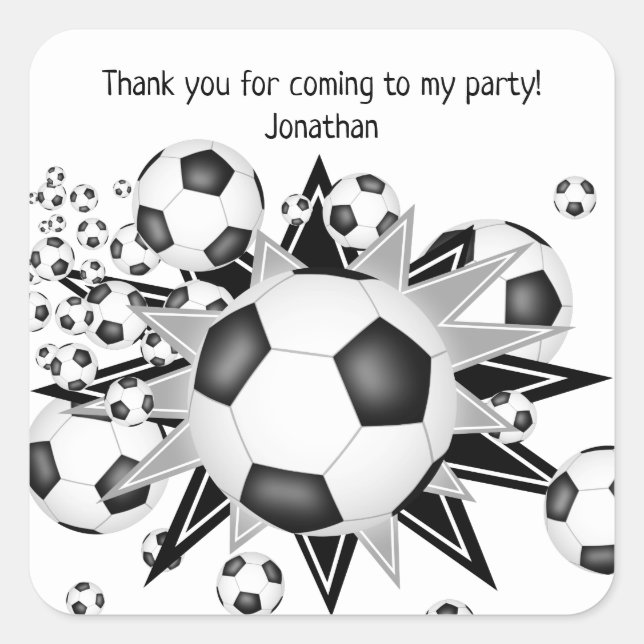 Kids soccer party soccer balls stars square sticker (Front)