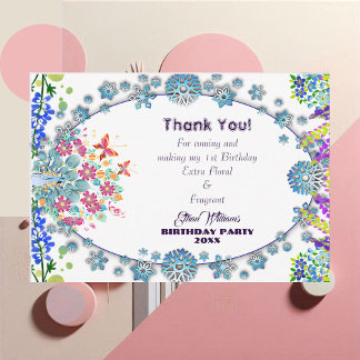 Kid's Soft Oval Blue Little Flower Bud Birthday Thank You Card