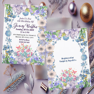 Kids Soft Pastel Blue Blooms Oval Floral Birthday Invitation