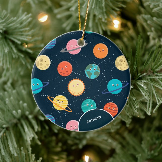 Kids Solar System Planets Pattern Blue Christmas C Ceramic Ornament (Tree)