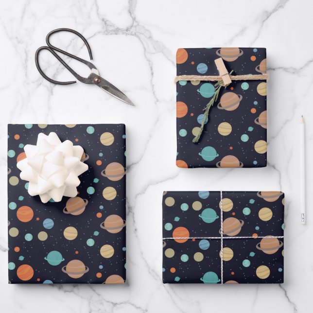 Kids Solar System Planets Saturn Jupiter Mars Wrapping Paper Sheet (Front)