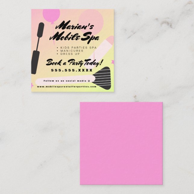 Kids Spa Bus Party Rental Gradient Pink Yellow Square Business Card (Front/Back)