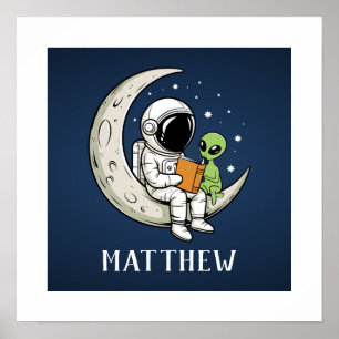 Kid's Space Reading Astronaut and Alien on Moon  Poster