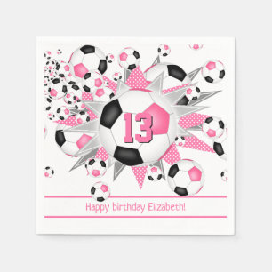 kids sports birthday pink black soccerball blowout napkin