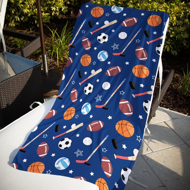 Kids Sports Equipment Pattern on Blue Beach Towel (Creator Uploaded)