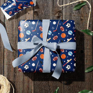 Kids Sports Equipment Pattern on Blue Birthday Wrapping Paper