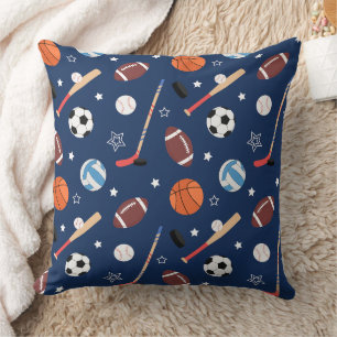 Kids Sports Equipment Pattern on Blue Cushion