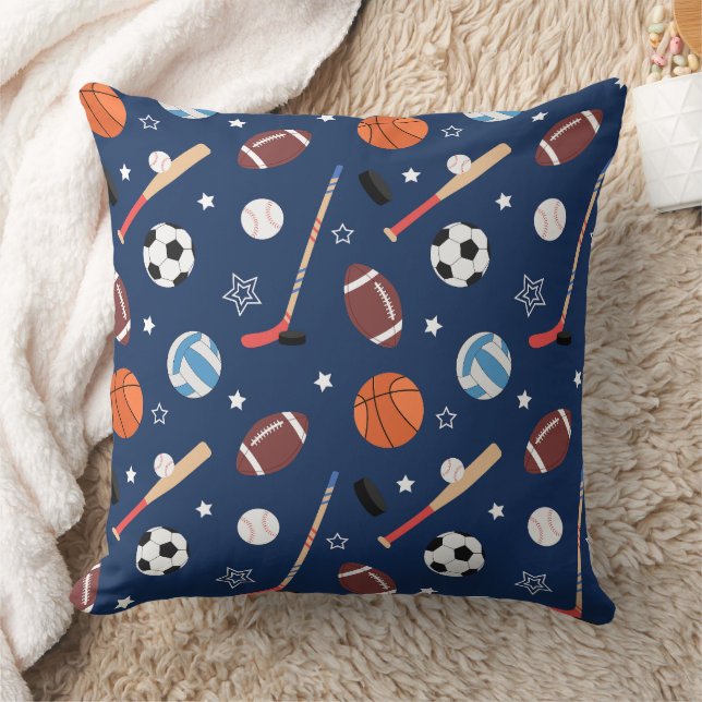 Kids Sports Equipment Pattern on Blue Cushion (Blanket)