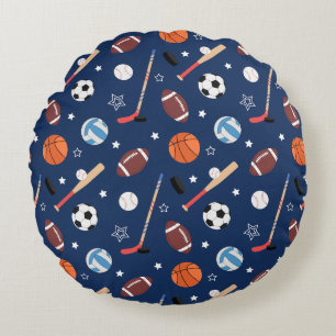 Kids Sports Equipment Pattern on Blue Round Cushion