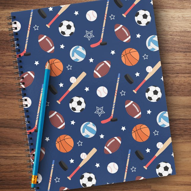 Kids Sports Equipment Pattern on Blue School Notebook (Creator Uploaded)