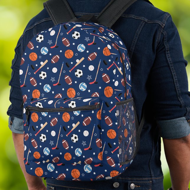 Kids Sports Equipment Pattern on Blue School Printed Backpack (Creator Uploaded)