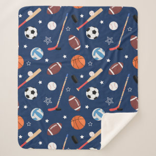 Kids Sports Equipment Pattern on Blue Sherpa Blanket