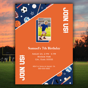 Kids Sports Equipment Pattern Photo Birthday Party Invitation