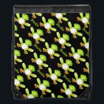 Kids sports green frog name pattern drawstring bag<br><div class="desc">Water sports style bag featuring cute painted patterned green frog on a black background. Ideal for swimming fans to take school sports or for trips to the swimming pool. Personalise with your kids name currently reads Brodie. Original art and design by Sarah Trett.</div>