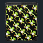 Kids sports green frog name pattern drawstring bag<br><div class="desc">Water sports style bag featuring cute painted patterned green frog on a black background. Ideal for swimming fans to take school sports or for trips to the swimming pool. Personalise with your kids name currently reads Brodie. Original art and design by Sarah Trett.</div>