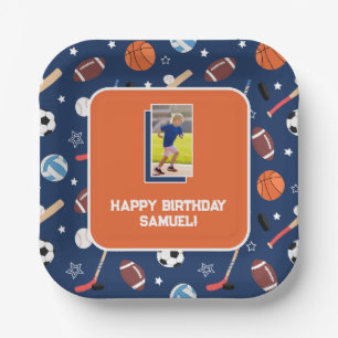 Kids Sports Pattern Blue & Orange Birthday Photo Paper Plate