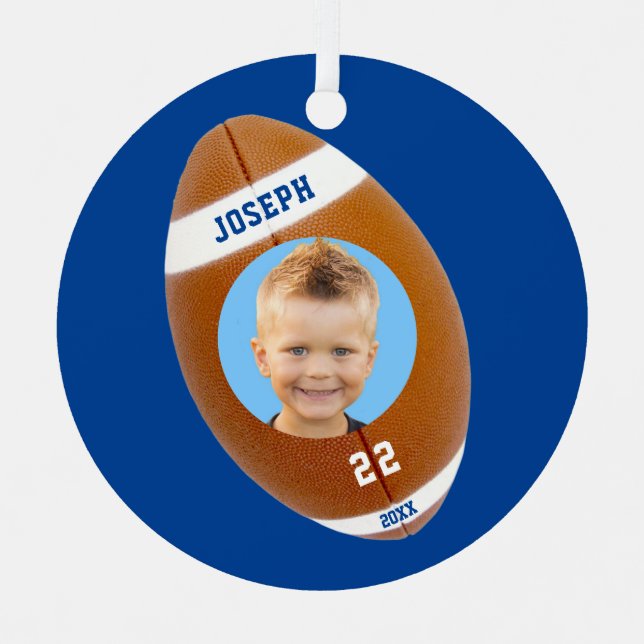 Kids Sporty Blue Photo Football Metal Tree Decoration (Front)