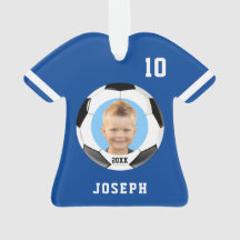 Kids Sporty Blue Photo Soccer Jersey Ornament