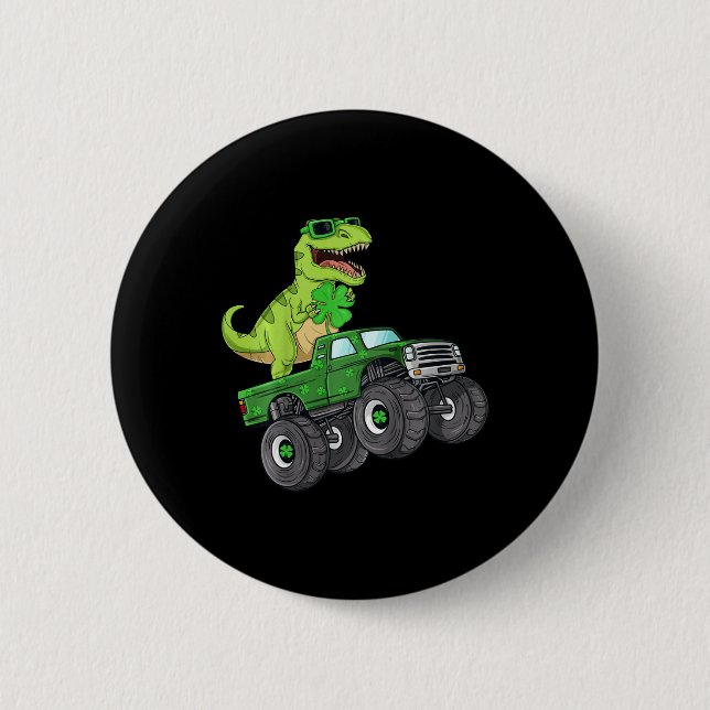 Kids St Patricks Day T Rex Riding Monster Truck Di 6 Cm Round Badge (Front)