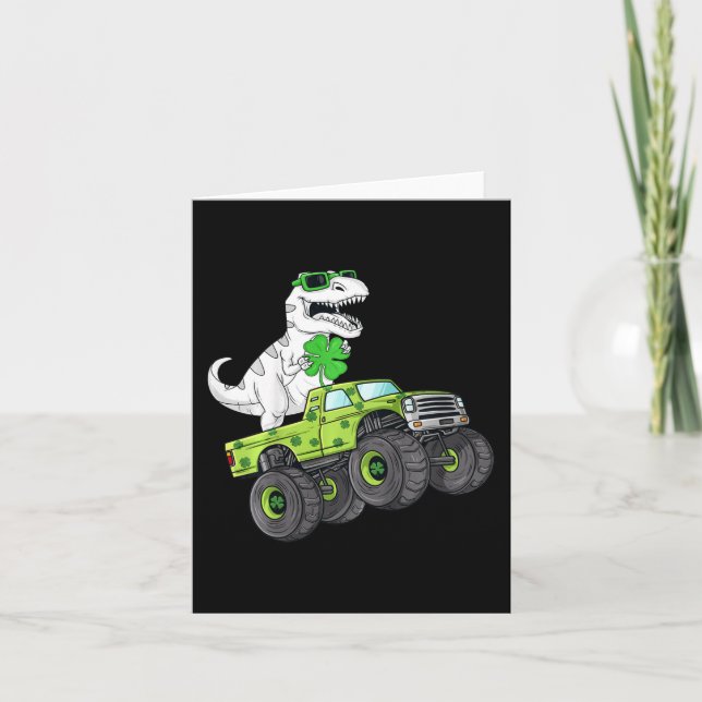 Kids St Patricks Day T Rex Riding Monster Truck Di Card (Front)