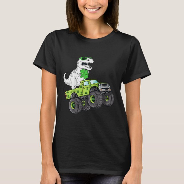 Kids St Patricks Day T Rex Riding Monster Truck Di T-Shirt (Front)